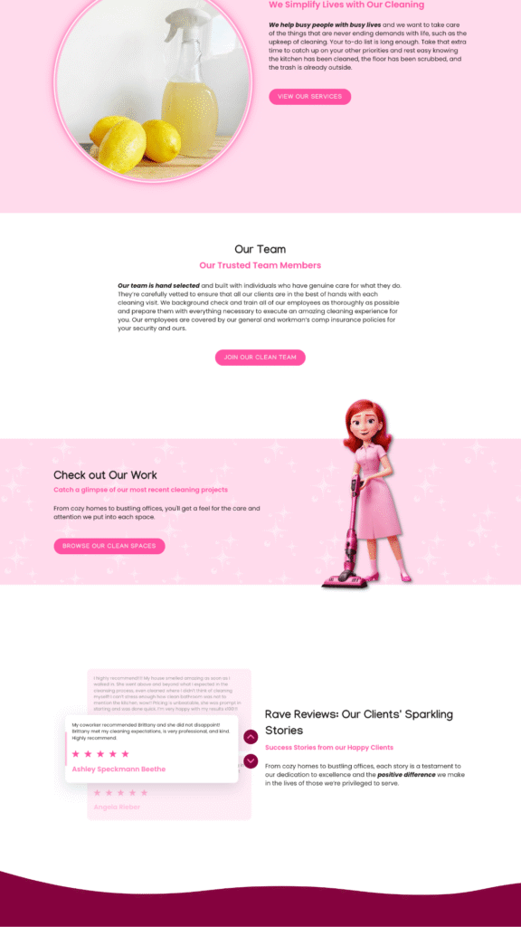 B&S Cleaning and Organizing about page featuring team info, client reviews, and a 3D animated cleaner mascot with pink branding