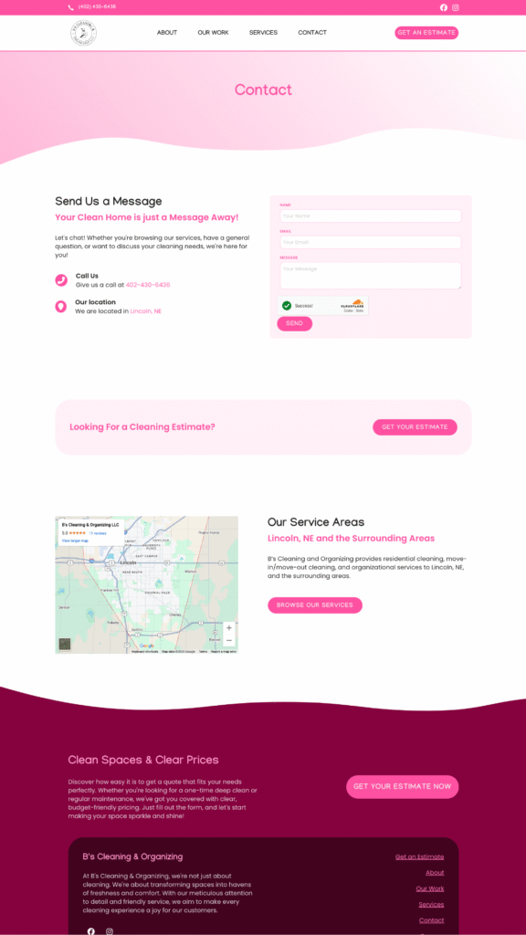 B&S Cleaning and Organizing contact page with message form, Lincoln NE service area map, and cleaning estimate call to action