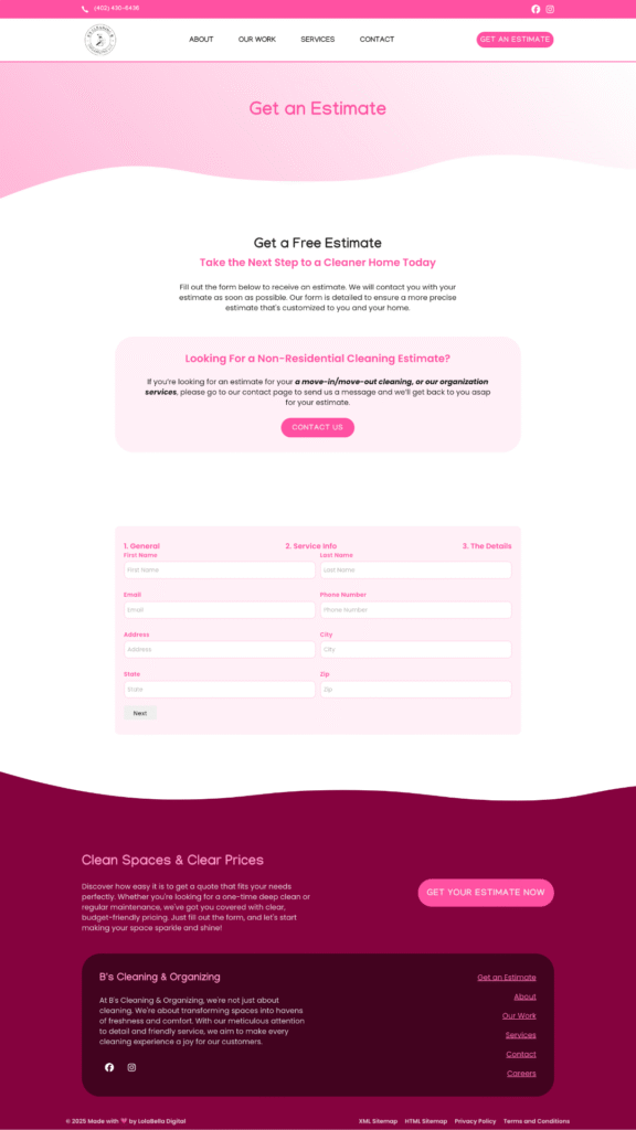 B&S Cleaning and Organizing free estimate page with multi-step form for residential cleaning services in Lincoln, NE