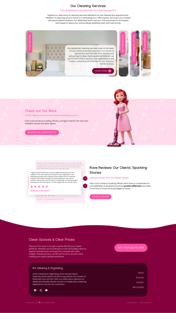 B&S Cleaning and Organizing homepage showing cleaning services overview, client reviews, and a 3D animated cleaner mascot with pink branding