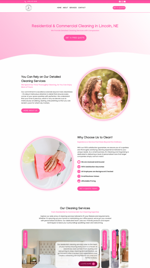 B&S Cleaning and Organizing homepage featuring residential and commercial cleaning services headline, trust badges, and pink wave design