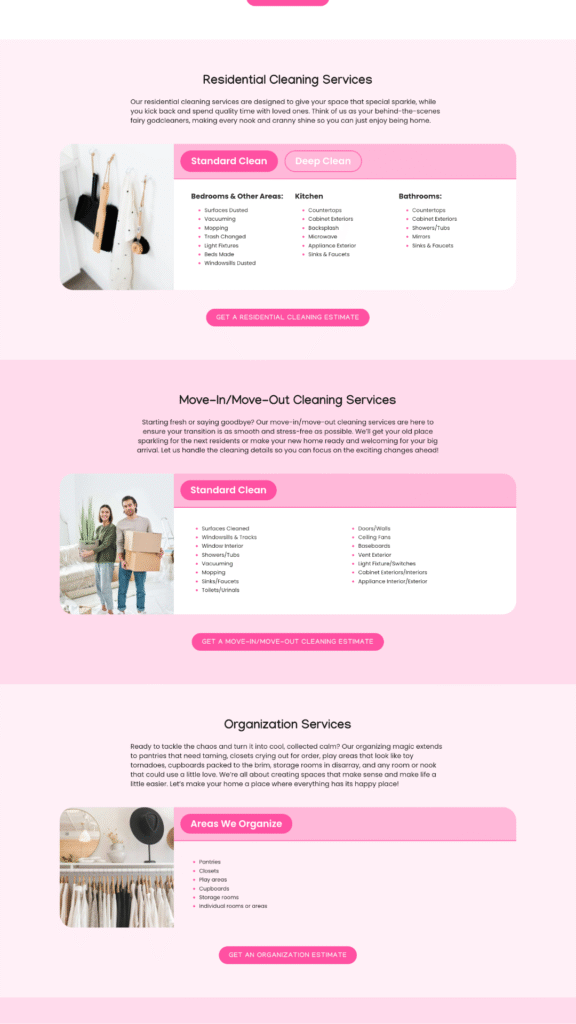 B&S Cleaning and Organizing services page showing residential, commercial, move-in/move-out, and organizing options with client reviews