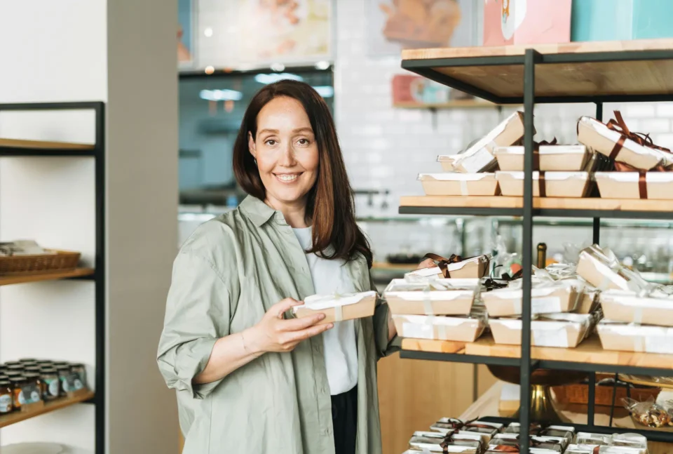 Small business owner holding packaged product in boutique shop with shelving displaying wrapped gifts and artisan goods.