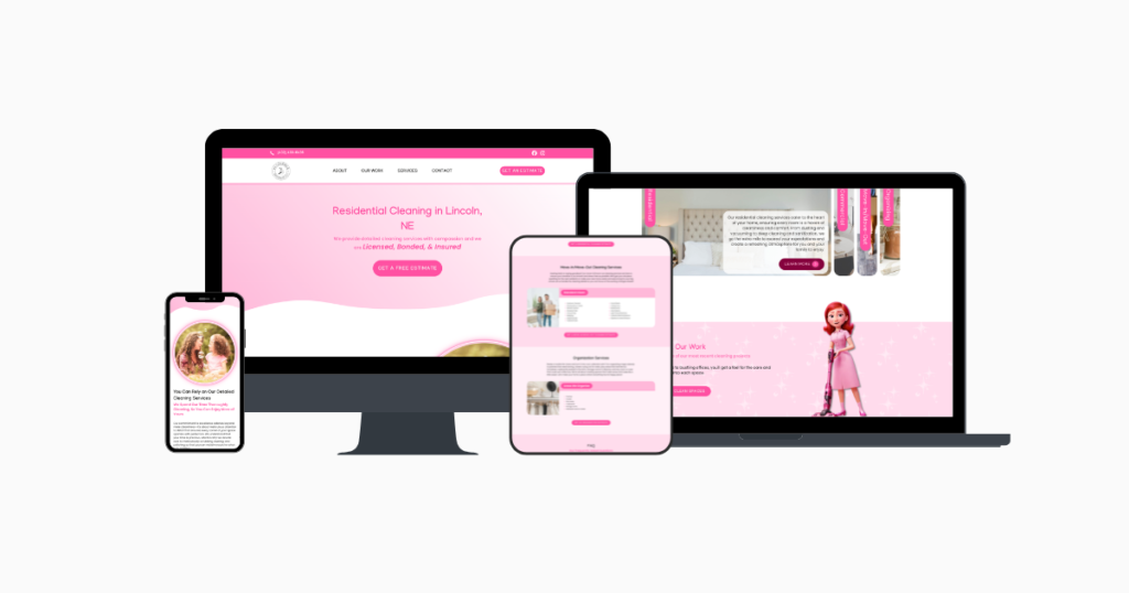B&S Cleaning and Organizing website displayed on desktop, tablet, and mobile, featuring a pink design and Residential Cleaning in Lincoln, NE headline