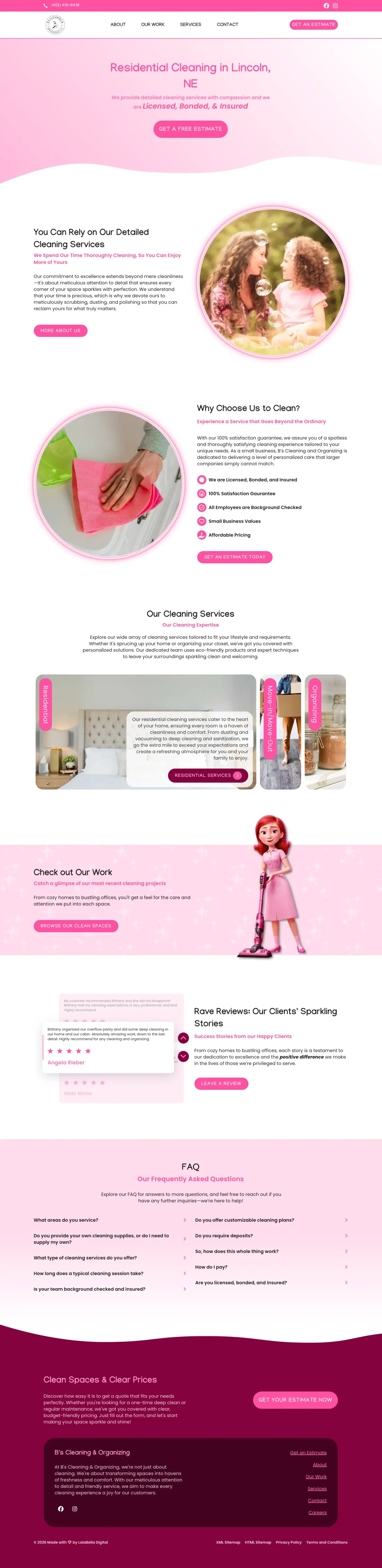 B&S Cleaning and Organizing full homepage displaying residential cleaning services, trust badges, FAQ section, and pink branded design for Lincoln, NE