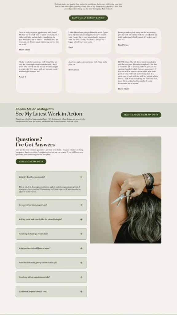 Diane Lichtas hairstylist homepage bottom showing client reviews, Instagram call to action, and FAQ section for Lincoln, NE hair services