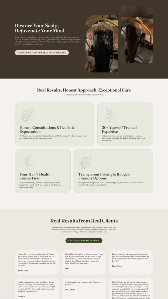 Diane Lichtas homepage middle featuring head spa services, honest consultation values, and client testimonials for Lincoln, NE hairstylist