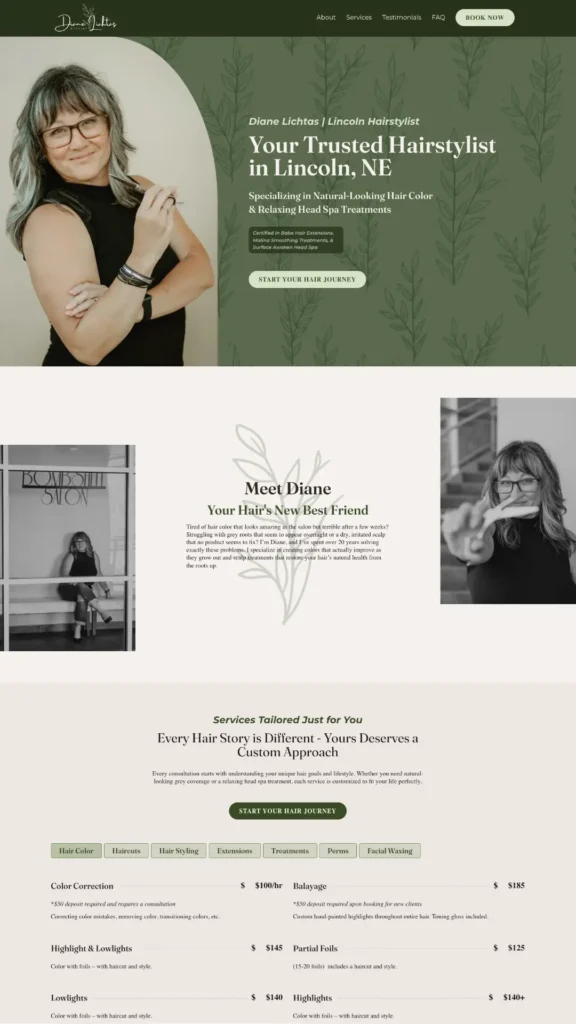 Diane Lichtas hairstylist homepage with trusted hairstylist headline, bio section, and hair color service pricing for Lincoln, NE salon