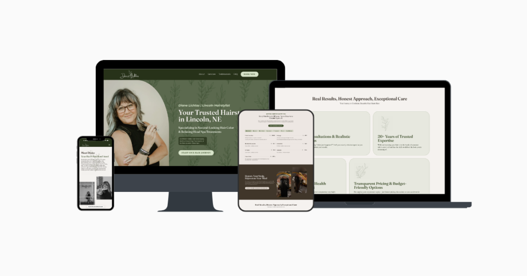 Diane Lichtas hairstylist website displayed on desktop, tablet, and mobile with dark green design and Your Trusted Hairstylist in Lincoln, NE headline