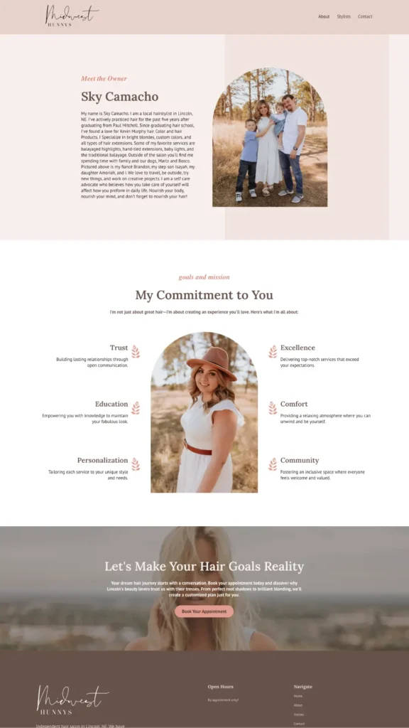 Midwest Hunnys about page featuring owner Sky Camacho's bio, commitment values, and a booking call to action for Lincoln, NE hair salon