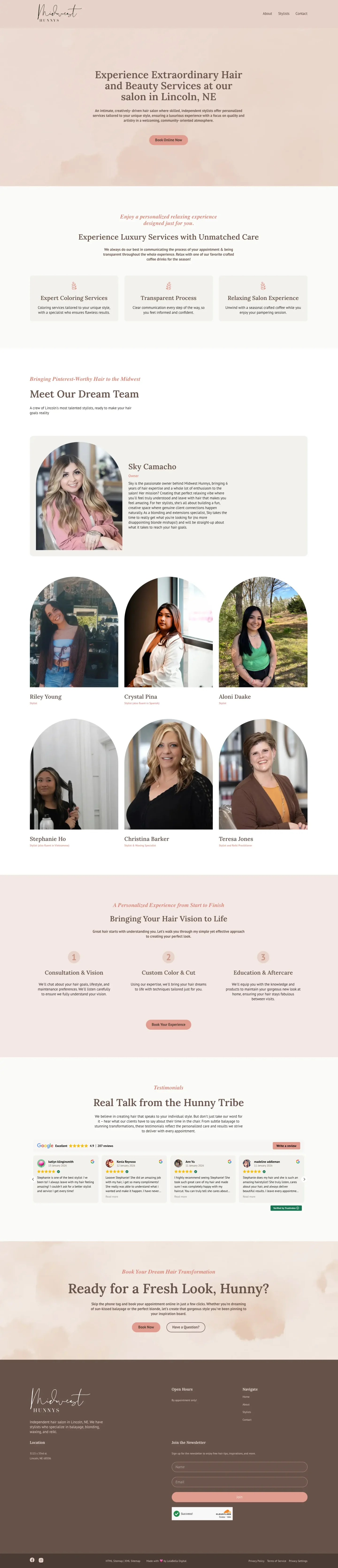 Midwest Hunnys full homepage displaying hair salon services, stylist team, Google reviews, and booking call to action for Lincoln, NE