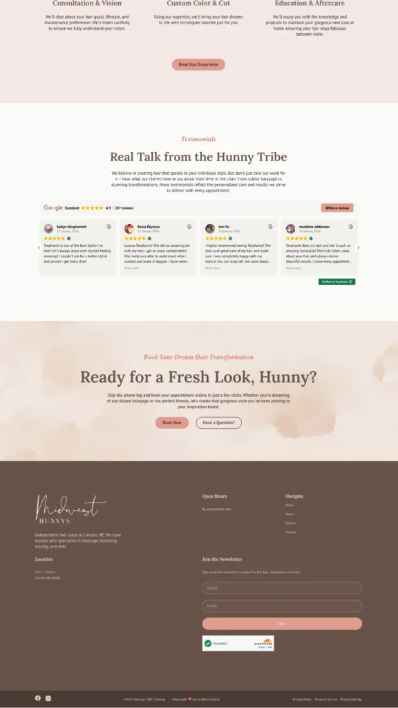 Midwest Hunnys homepage bottom showing Google reviews, book appointment call to action, and newsletter signup for Lincoln, NE hair salon