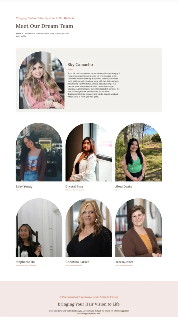 Midwest Hunnys Meet Our Stylists page featuring owner Sky Camacho and six hair stylists with arched photo frames in Lincoln, NE