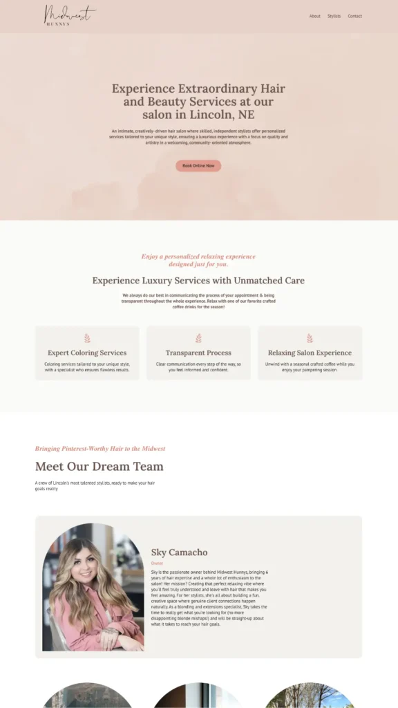 Midwest Hunnys hair salon homepage with extraordinary hair and beauty services headline, service highlights, and stylist team in Lincoln, NE
