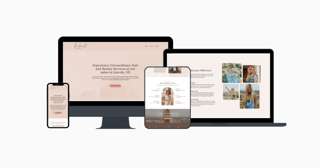 Midwest Hunnys hair salon website displayed on desktop, tablet, and mobile, featuring a warm neutral design and Extraordinary Hair and Beauty Services headline in Lincoln, NE