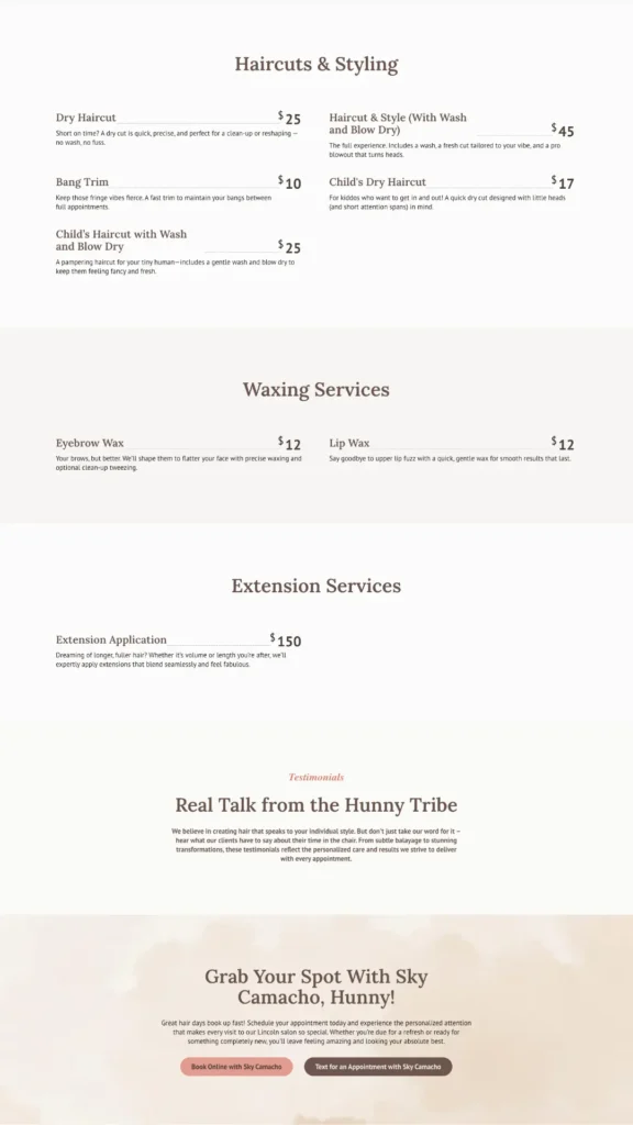 Midwest Hunnys stylist page showing haircut, waxing, and extension service pricing with client testimonials for Sky Camacho in Lincoln, NE