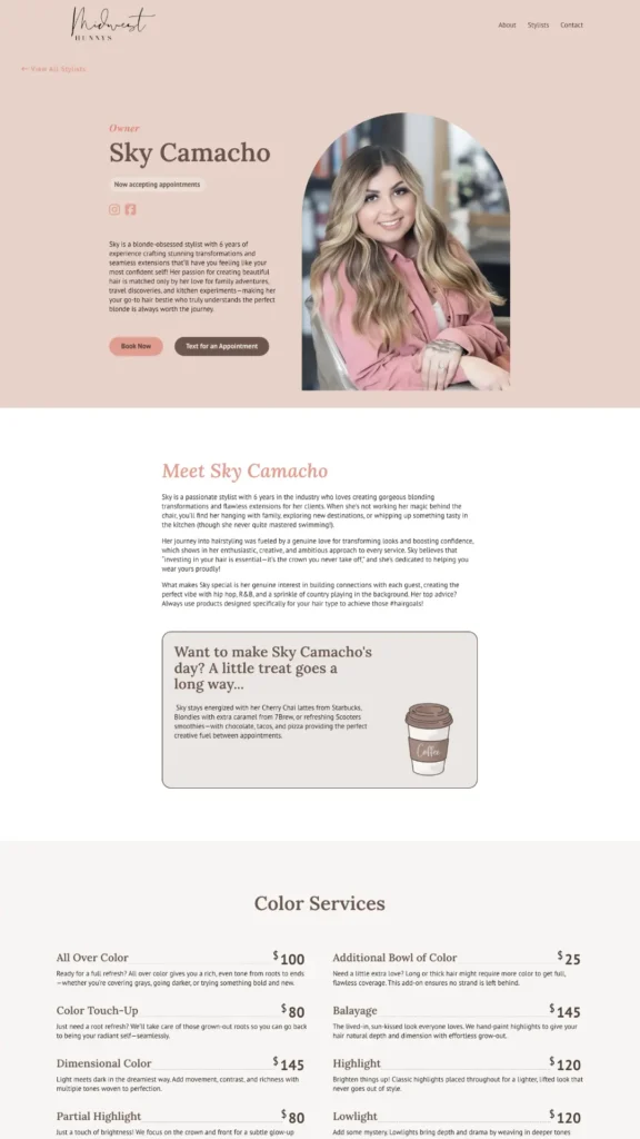 Midwest Hunnys stylist profile for owner Sky Camacho featuring bio, color services pricing, and booking options for Lincoln, NE hair salon