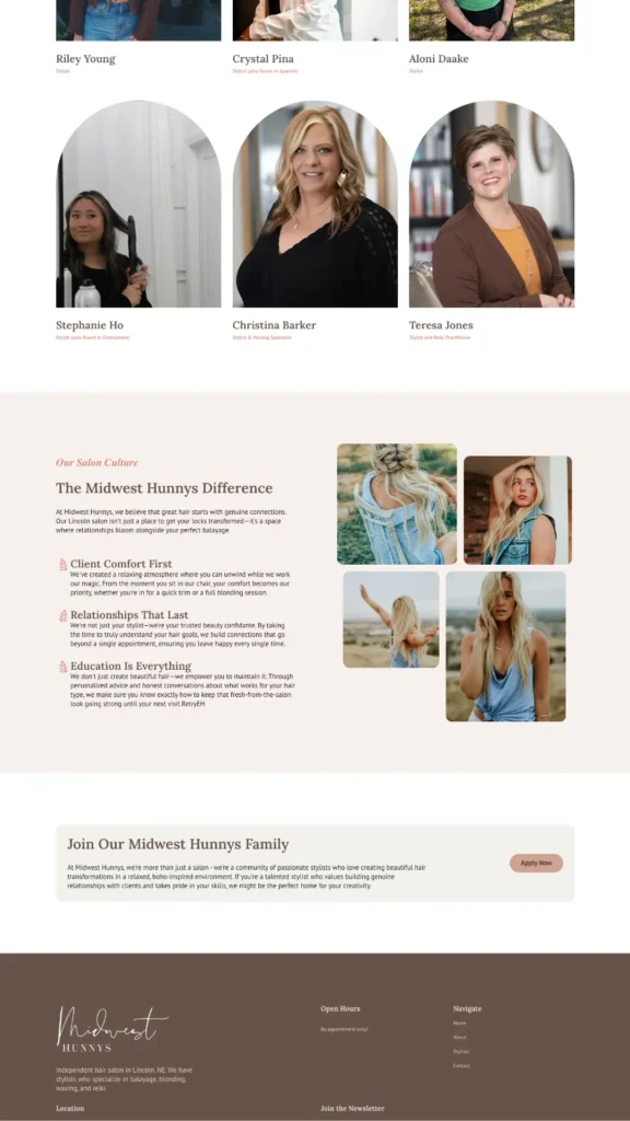 Midwest Hunnys stylists page bottom showing team photos, salon culture highlights, and a join our team section for Lincoln, NE hair salon
