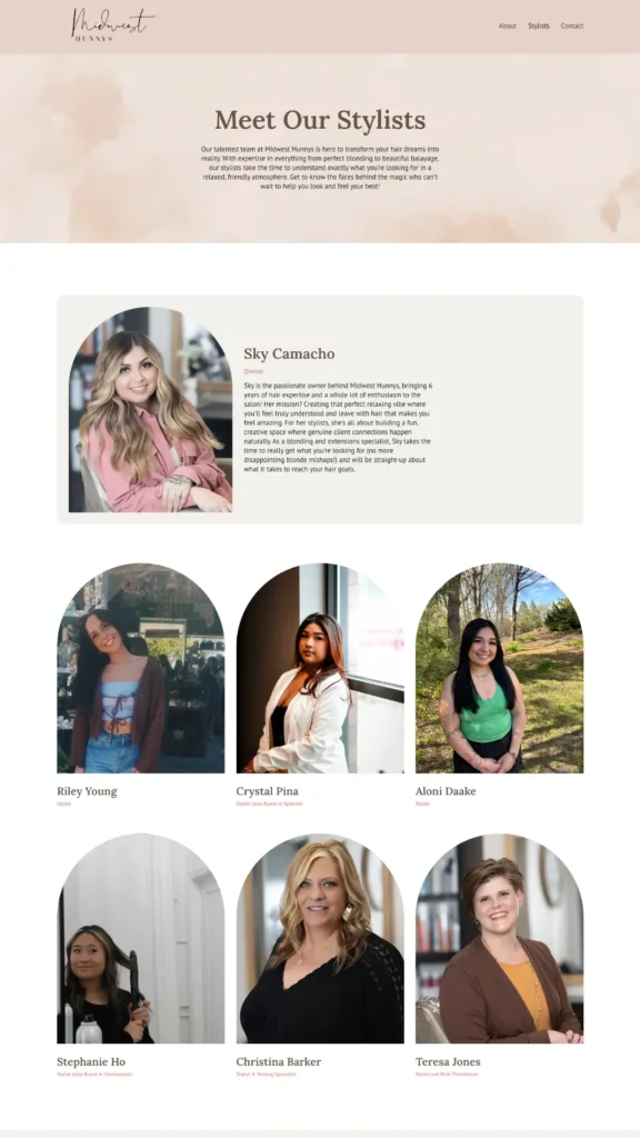 Midwest Hunnys stylists page featuring owner Sky Camacho and team members in Lincoln, NE