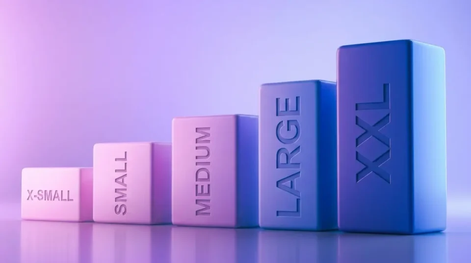 Five rising blocks engraved X-Small, Small, Medium, Large, and XXL in a pink to blue gradient, showing a type scale.