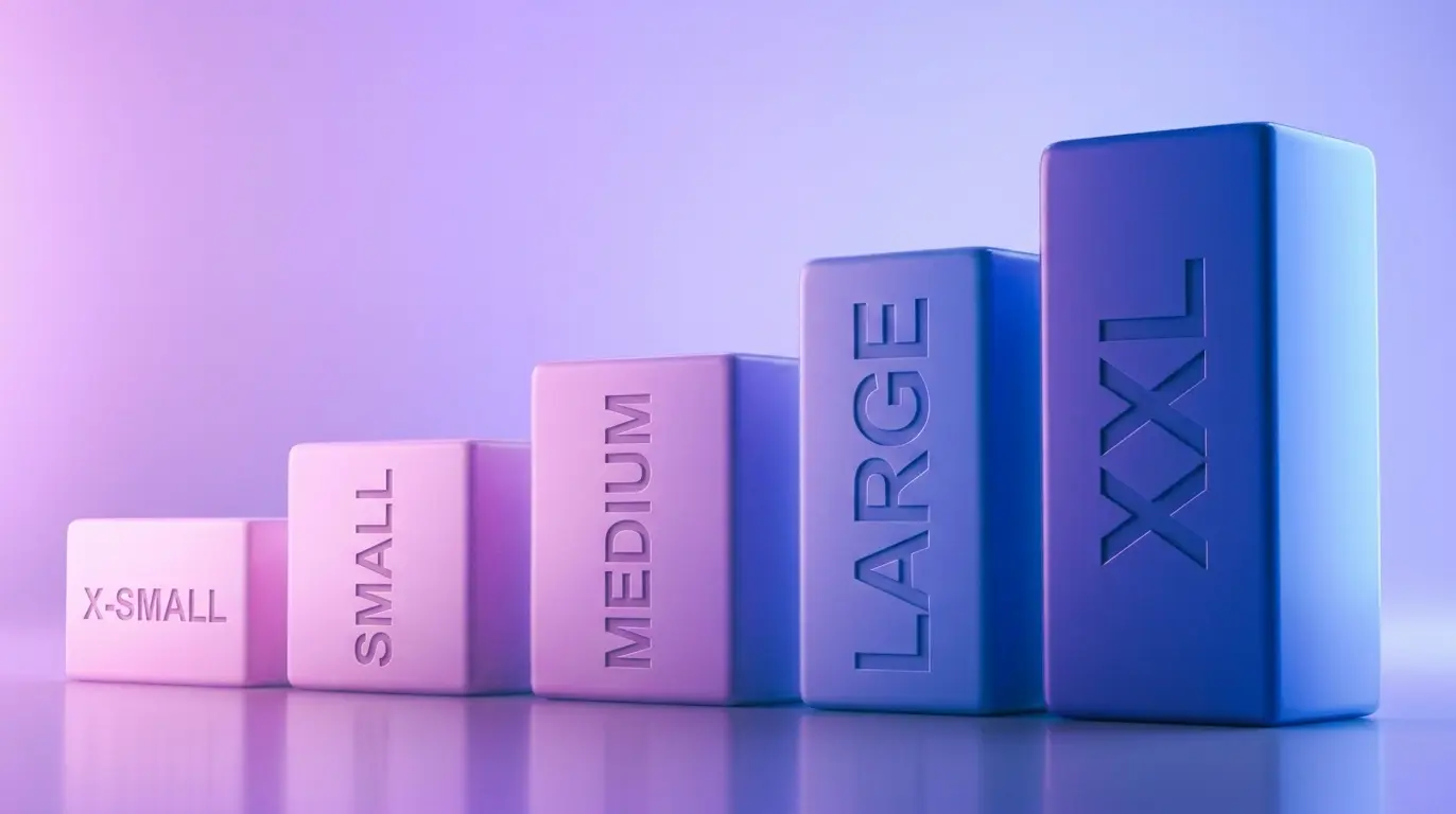 Five rising blocks engraved X-Small, Small, Medium, Large, and XXL in a pink to blue gradient, showing a type scale.