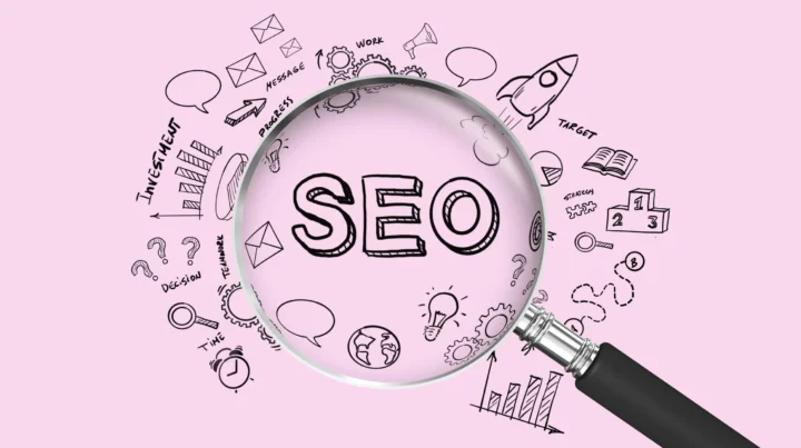 A magnifying glass highlighting the word SEO surrounded by hand-drawn marketing and business icons on a white background