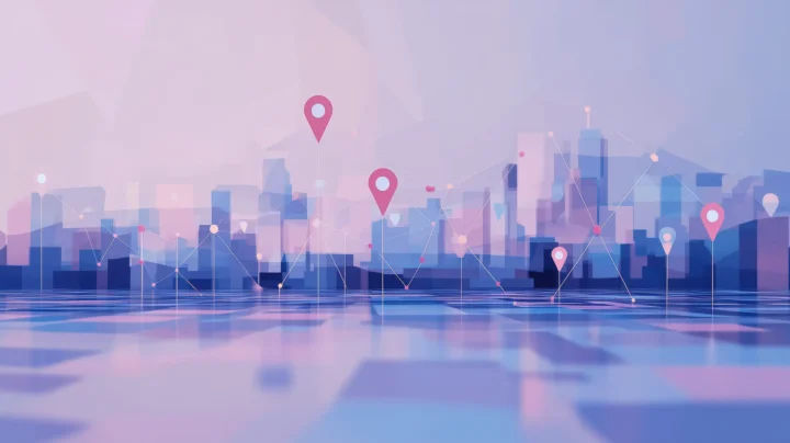 Flat-style illustration of Google Maps location pins above an abstract city skyline representing local SEO and Google Business Profile optimization for small businesses.