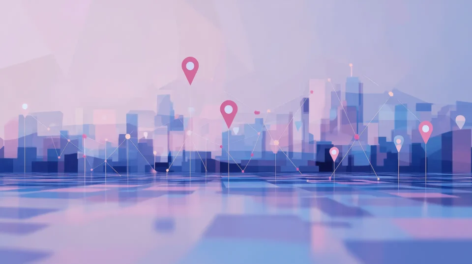 Flat-style illustration of Google Maps location pins above an abstract city skyline representing local SEO and Google Business Profile optimization for small businesses.