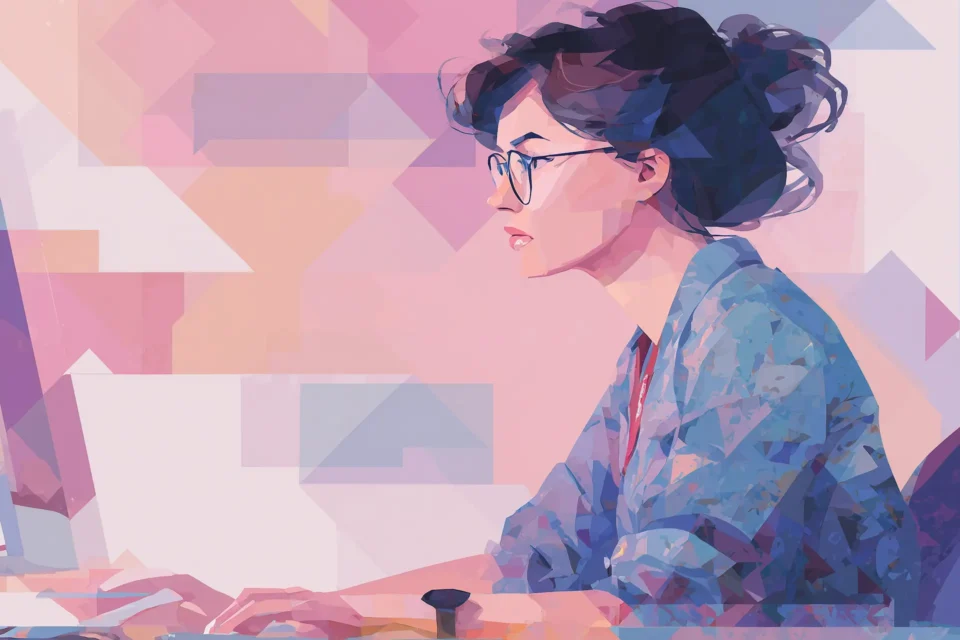 Illustrated woman with glasses typing at a computer with a pink and purple geometric background for white label web development