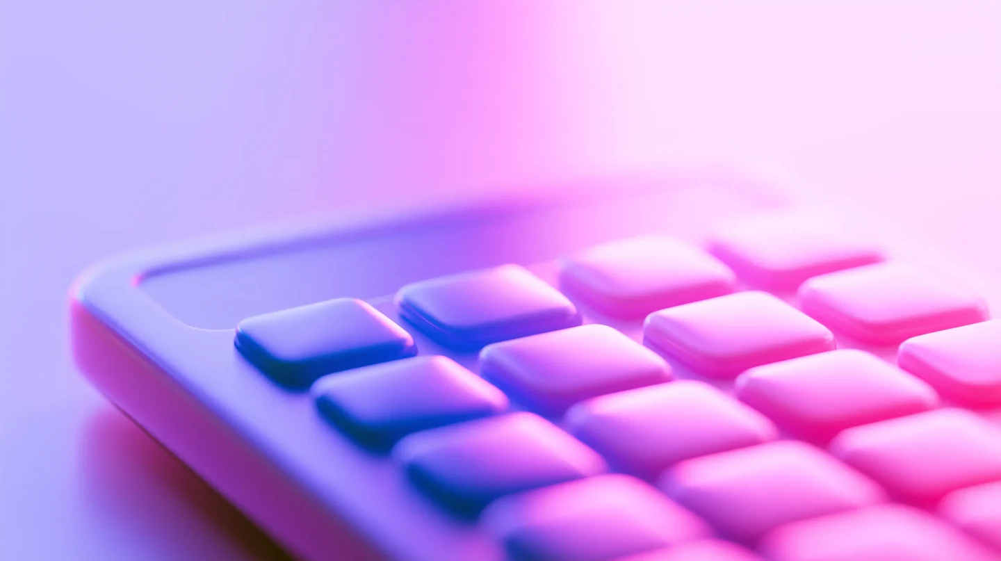 Close-up of a glossy calculator keypad with rounded buttons in a blue to pink gradient for a calculator.