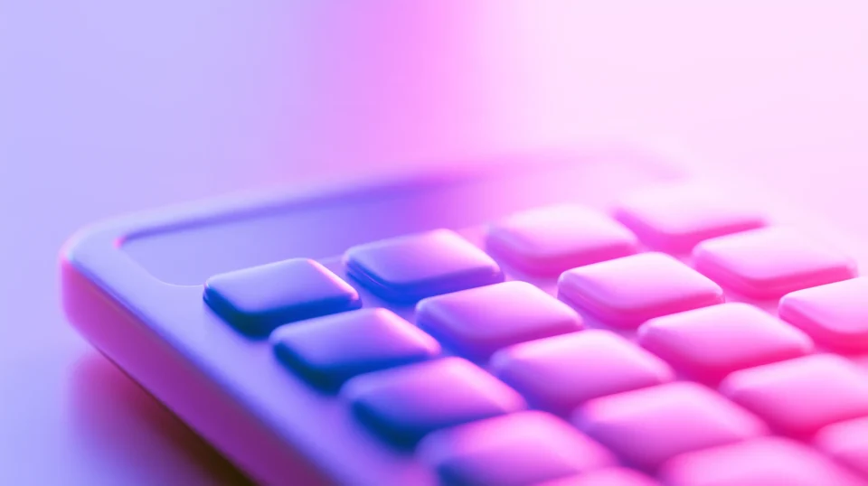 Close-up of a glossy calculator keypad with rounded buttons in a blue to pink gradient for a calculator.