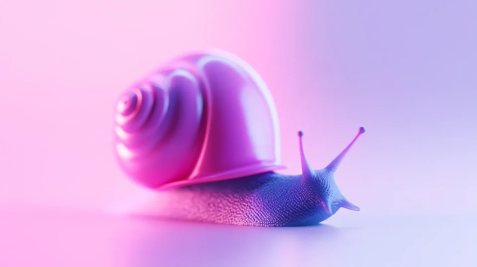 Pink and purple snail with a glossy spiral shell and textured blue body against a soft pink-to-lavender gradient.